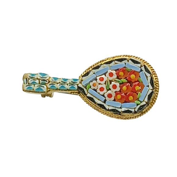Vintage Italian Mosaic Gold Tone Mandolin Guitar Brooch with Floral Design - Picture 1 of 3
